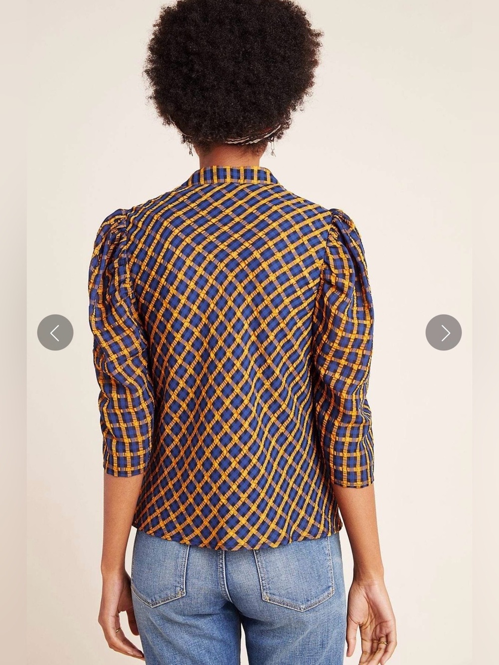 Anthropologie Eva Franco Textured Plaid Blouse Button Puff Sleeve Preppy Twee - Picture 4 of 13